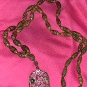 African Carved Wood Bead Necklace w/ Ivory Pendant